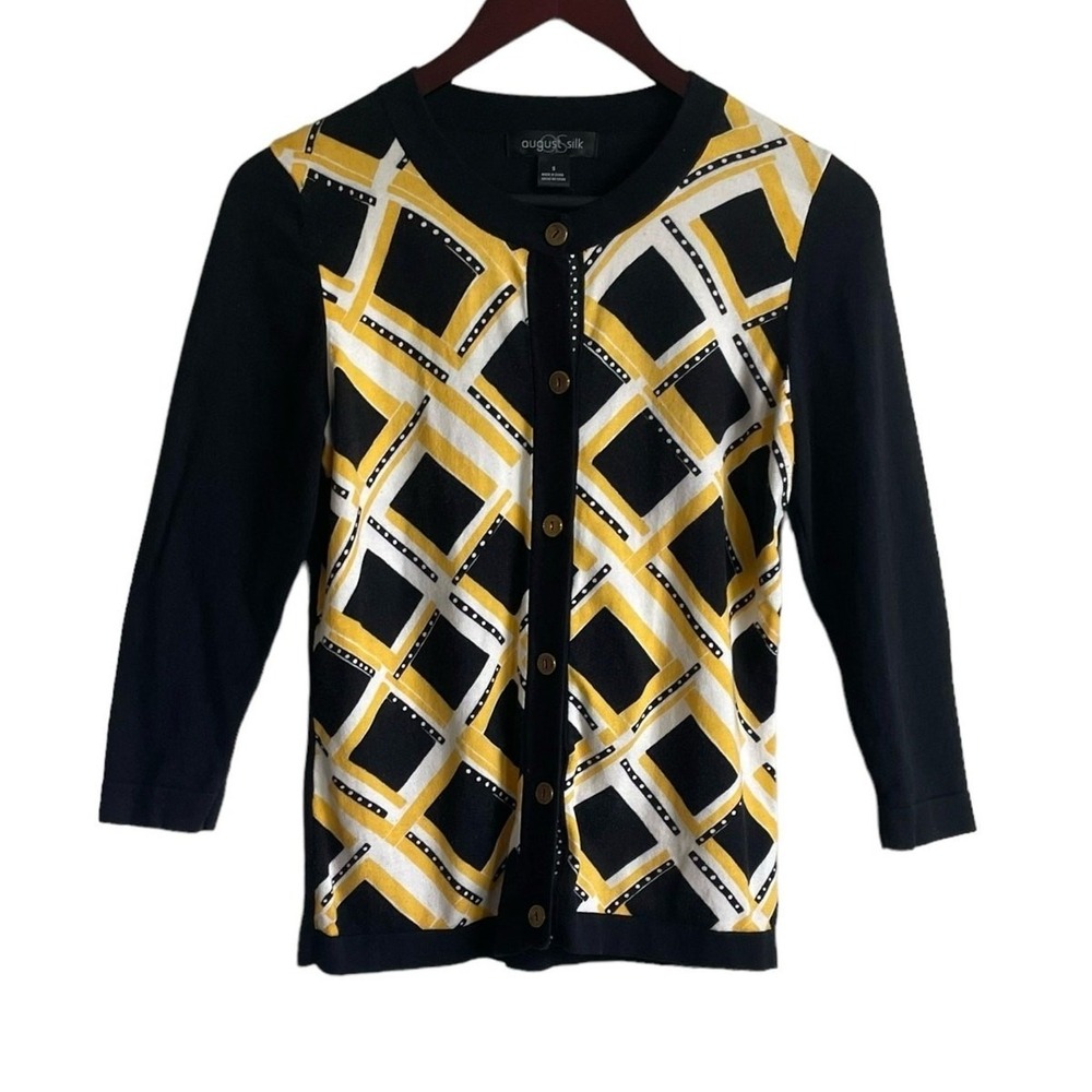 August Silk Women Cardigan S Navy Yellow Argyle Style Button Front Knit